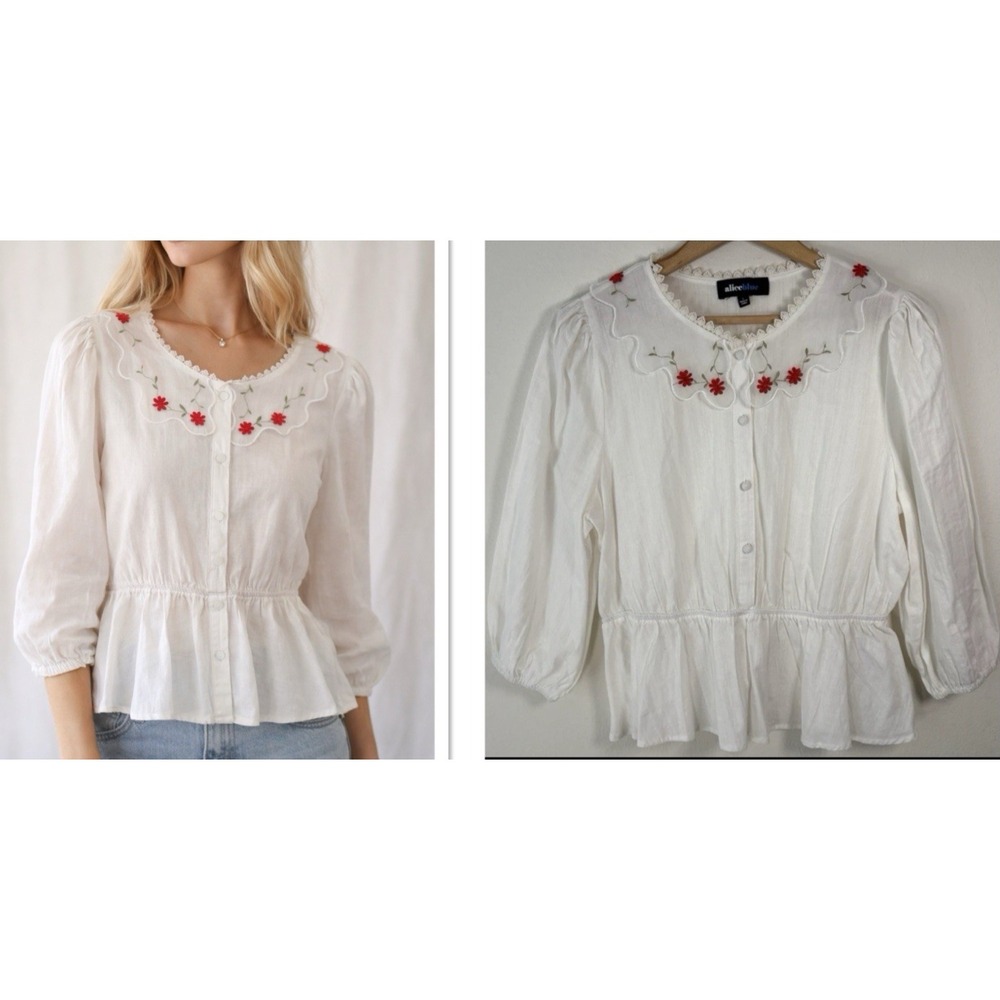 Alice Blue Embroidered Lace Peplum Blouse Top Cottagecore Floral Puff Sleeve‎ L